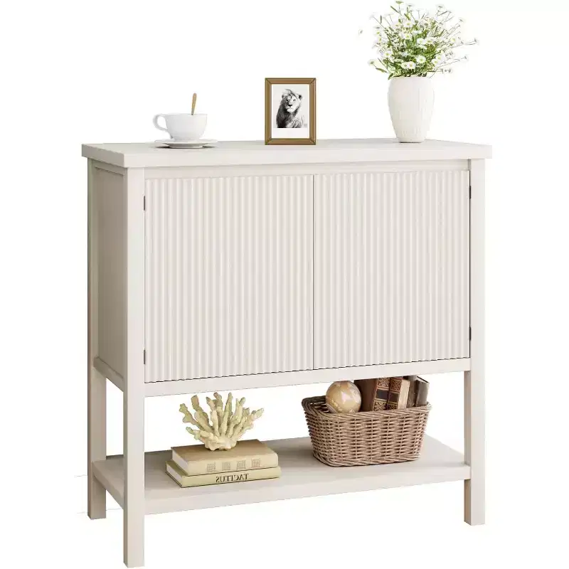 Farmhouse Console Table with Storage, Rustic White Entryway Table with Fluted Doors, Buffet Sideboard for Living Room