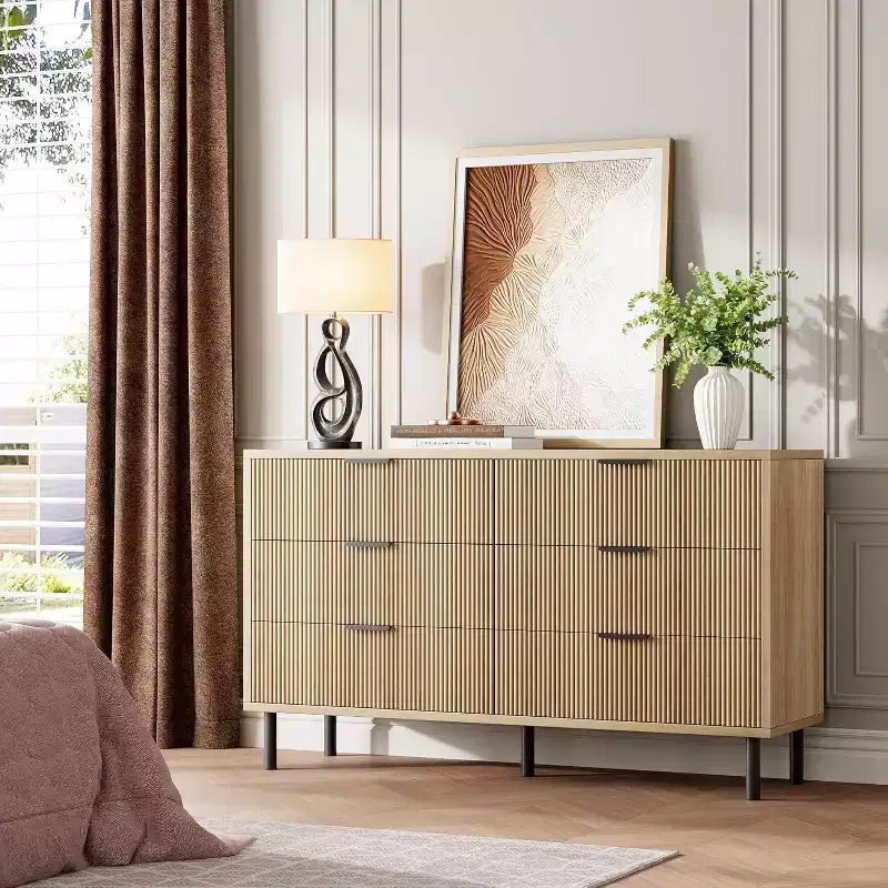 Modern Fluted 6 Drawer Dresser for Bedroom, Wide Chest of Drawers with Metal Handles Legs, Clothes Storage Cabinet Organizer for Living Room