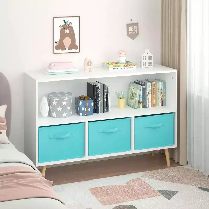 2-Tier Kids Bookcase Toy Organizer Storage Cabinet Display Rack with 3 Drawers,Pink/Gray/Blue