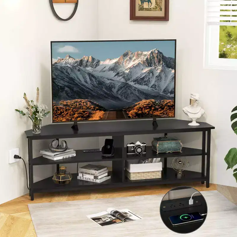 Costway Corner TV Stand for TVs up to 65 TV Console Table with AC Outlets&USB A Ports Rustic Brown/Black/White