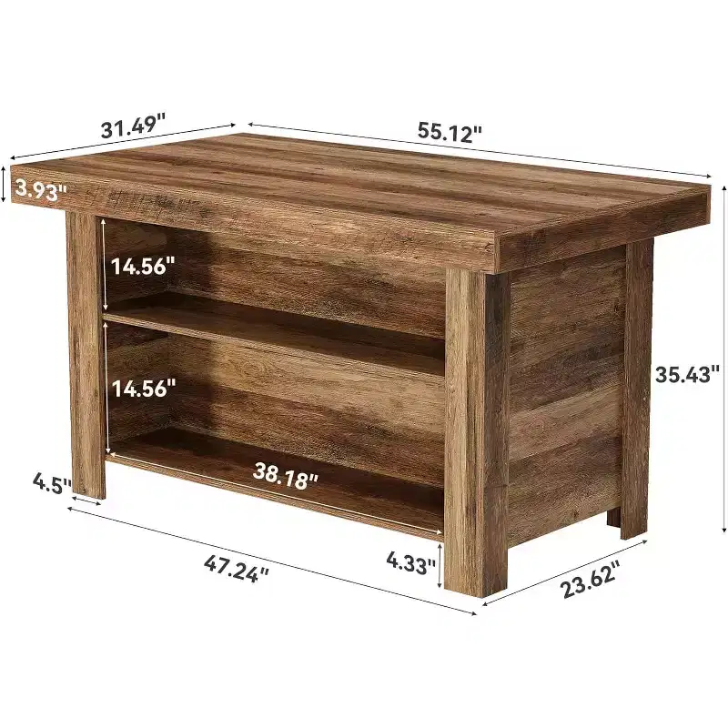 Lantine 55 Inches Kitchen Island with Storage, 3-Tier Wooden Stationary Island Table, Modern Bar Table with Storage Shelf for Kitchen, Rustic Brown