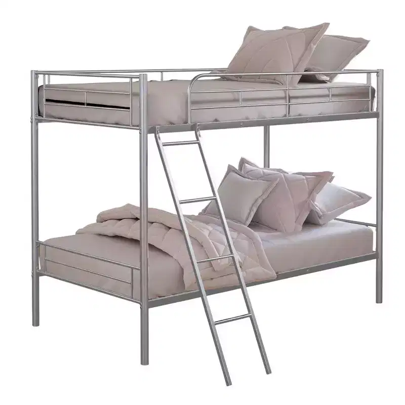 Twin Over Twin Bunk Bed, Silver Metal Frame, Attached Ladder