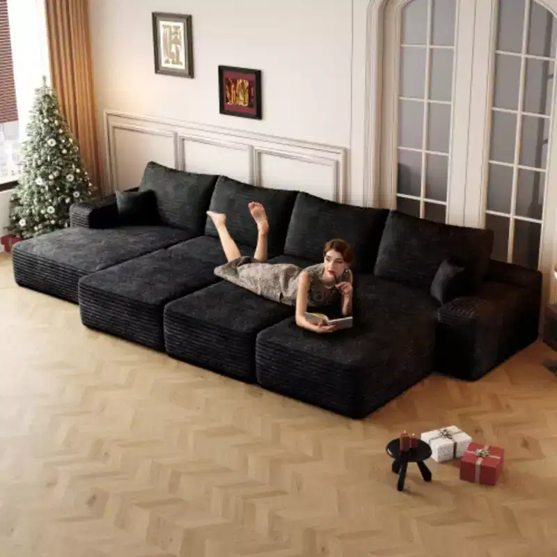 Large Size Modular Cloud Sofa 6 Seats Down Sofa Apartment Living Room Sofa ,No Assembly Required,Black