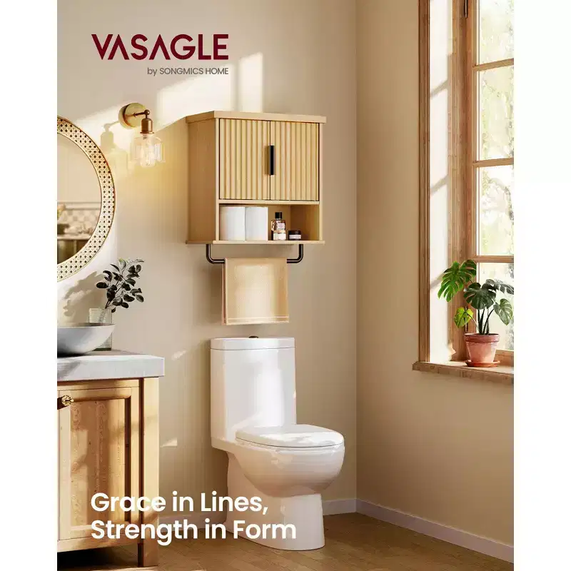 Wall Mounted Bathroom Cabinet - Over Toilet Storage with Fluted Doors, Towel Bar, Adjustable Shelf, 17.7 Wide, Oak Beige