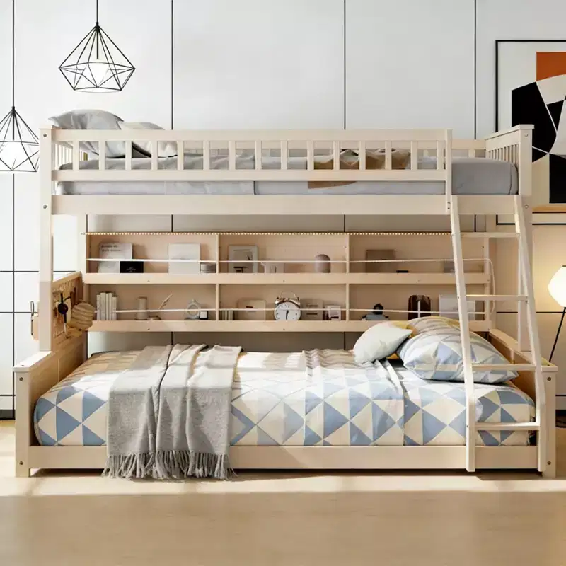 Luxystar Twin XL Over Queen Low Bunk Bed With Built In Lighted Shelves and Pegboard