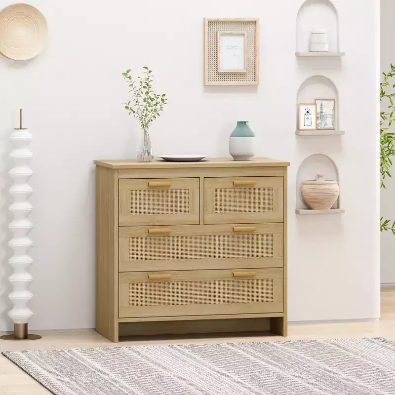 JVNOXK Modern 31.50-inch rattan storage cabinet with 4 deep drawers, perfect for bedrooms, dining rooms, and hallways. Easy assembly