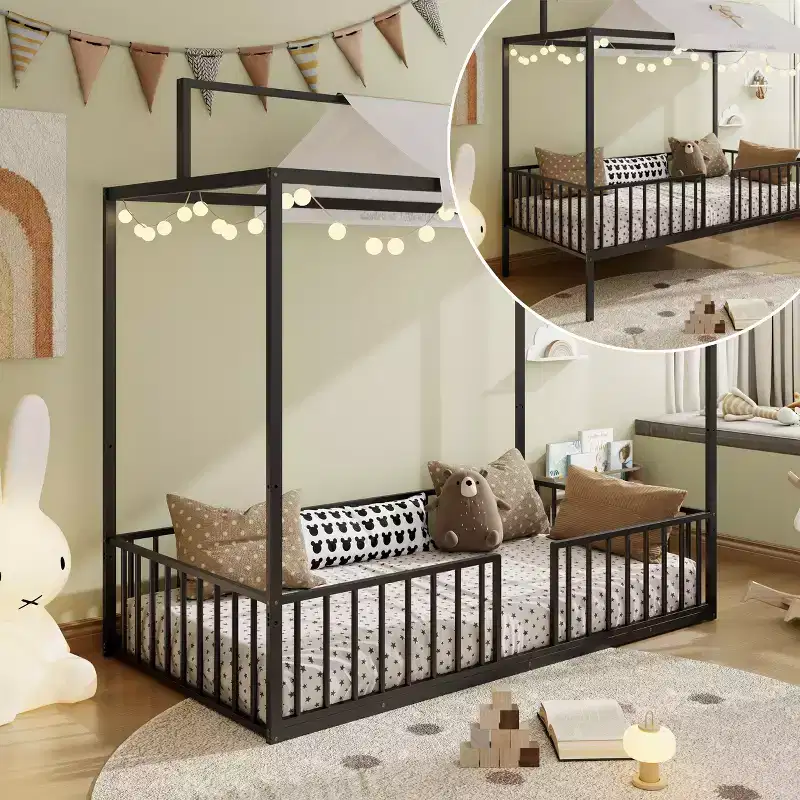 Twin/Full Size 3-in-1 Convertible Montessori Metal Floor Bed, Fenced Toddler Bed, Canopy Platform Bed