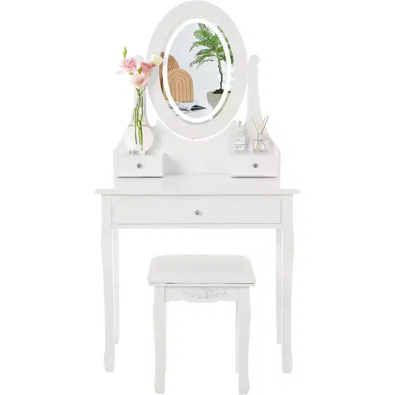 Vanity Desk With Mirror and Lights, Wood Makeup Dressing Table With Oval Mirror & Stool