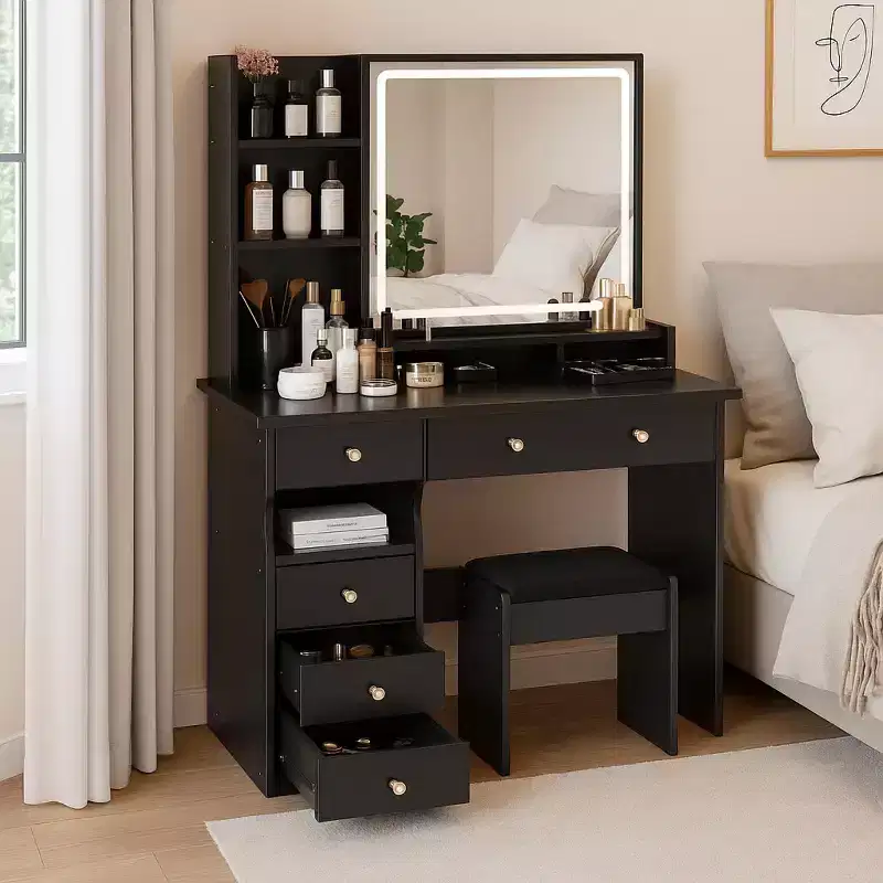Vanity Table with Lighted Mirror, Stool and Storage Drawers for Bedroom