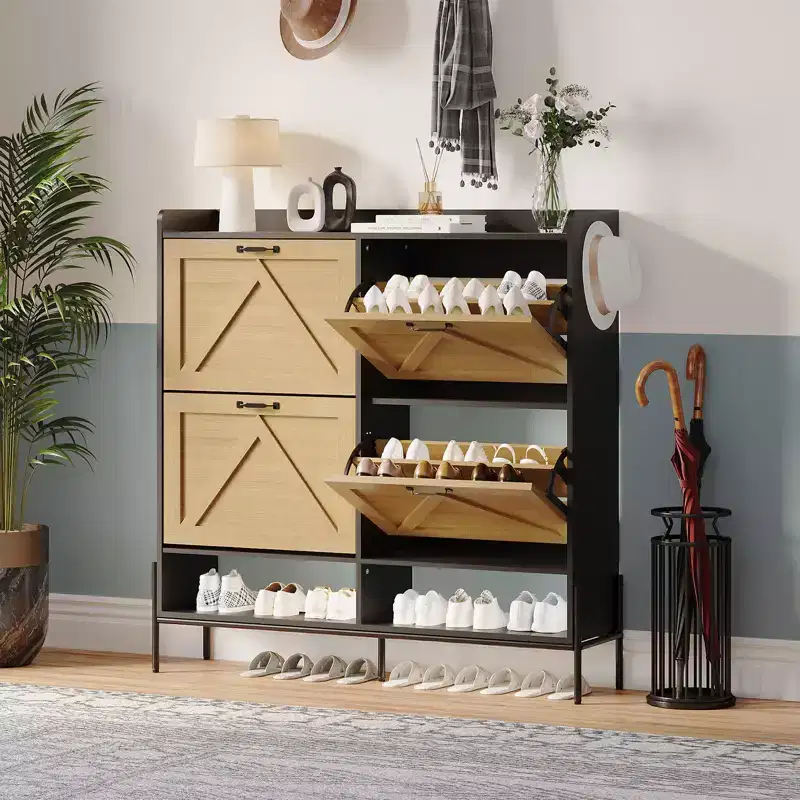 Shoe Storage Cabinet With 4 Flip Drawers, Freestanding Hidden Shoe Organizer with Open Storage, Slim Shoe Rack Cabinet For Hallway Living Room
