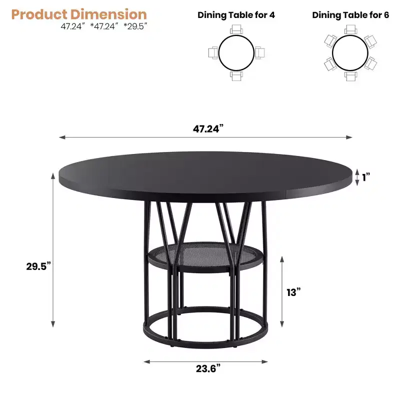 Round Dinning Table for 4-6, 47 Circle Kitchen Table with Storage Shelf & Sturdy Metal Frame, Modern Dinner Table for Kitchen, Living Room, Office