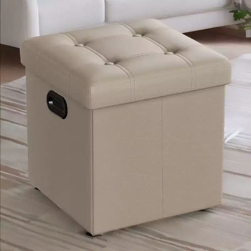 15-Inch Folding Storage Ottoman, Cube Footrest & Coffee Table with Handles, Faux Leather