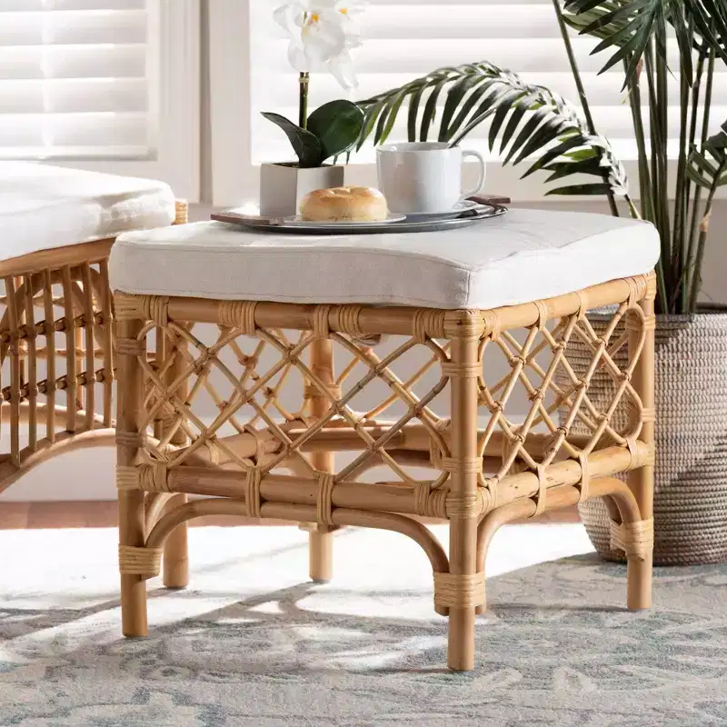 Fabric Upholstered and Rattan Ottoman White/Natural : Comfortable Seating, No Assembly Required