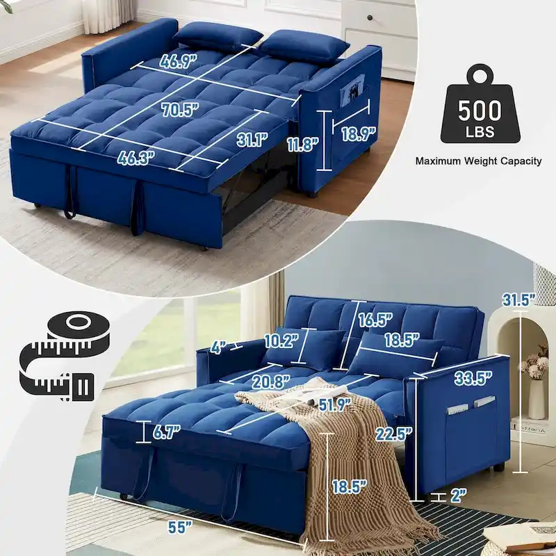Aukfa Velvet Convertible Sleeper Sofa Loveseat with Side Pocket