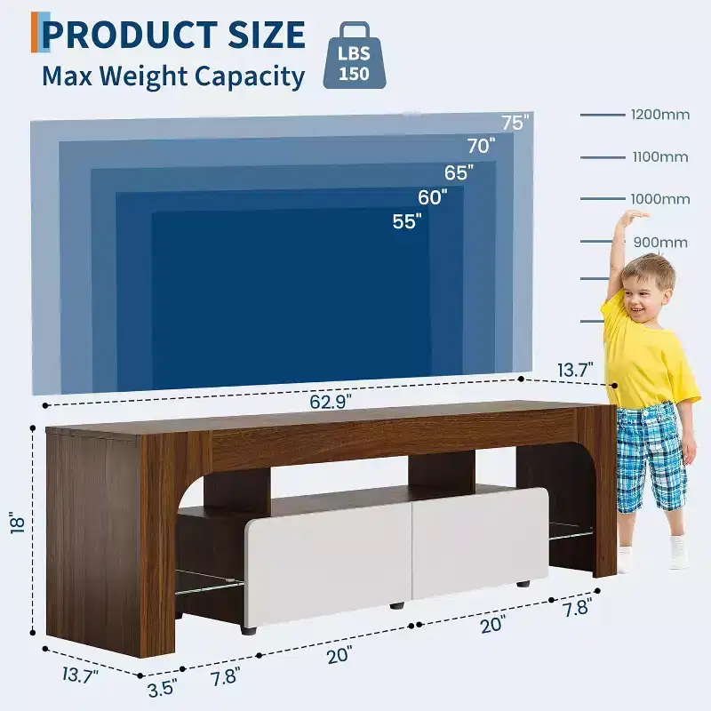 Acekool TV Stand, Media Console with Drawer & Glass Shelves, for TVs up to 70, Living Room