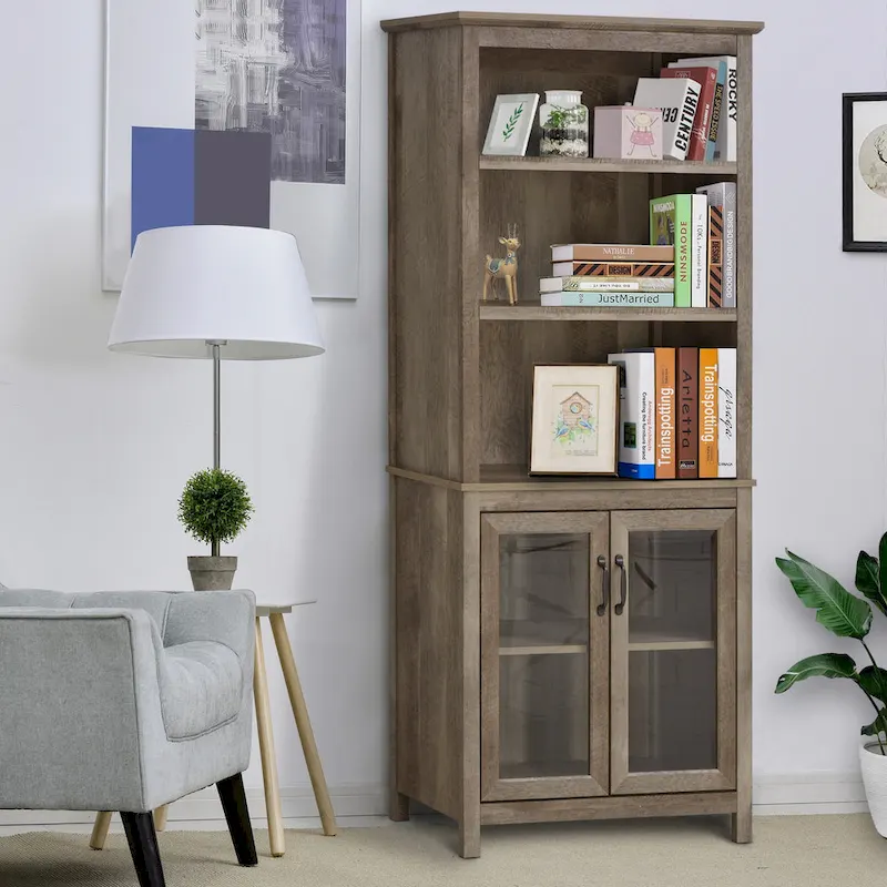 HOMCOM Multifunctional Storage Cabinet Bookcase with Adjustable Shelves Display Rack for Study, Kitchen, Living Room, Nature