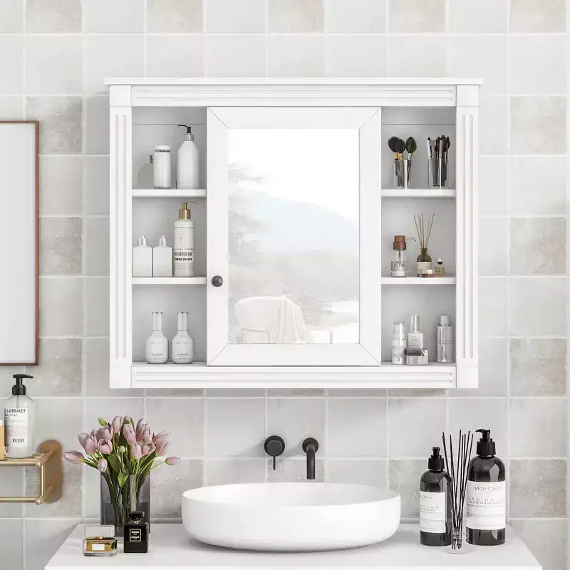 Wall-Mounted Bathroom Storage 35x28 - Mirrored Cabinet with Open Shelving