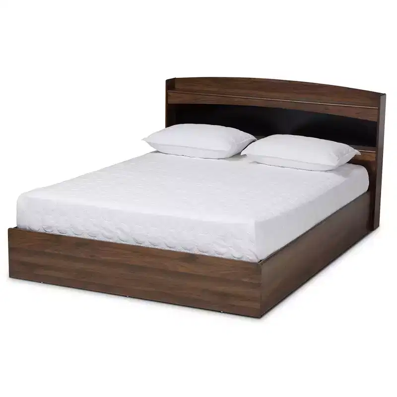 Queen Christopher Wood Platform Bed with Shelves - Baxton Studio: Modern Rustic Design, Built-In Headboard Storage, Finish