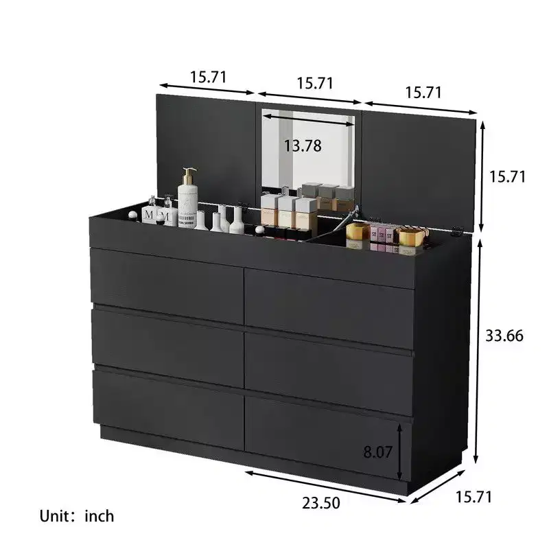 Karl Home Black Embossed 6 Drawer Dresser with Mirror P2 12MM Particleboard with Melamine 47.22In. W