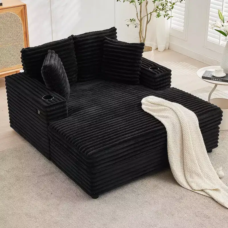 Oversized Chaise Lounge Chair, 60 Upholstered Sofa Bed with Throw Pillows and Armrests, Corduroy Sleeper Couch for Living Room, Bedroom