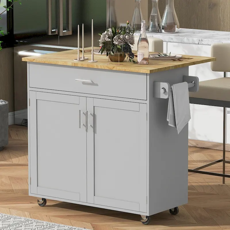 Kitchen Island with Storage and Rubber Wood Top