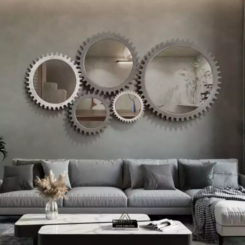 Vintage 26'' x 26'' Wall Wood Round Hanging Gear Shape Heavy Decorative Mirror For Bathroom Living Room Entryway Or Put Together To Your Liking