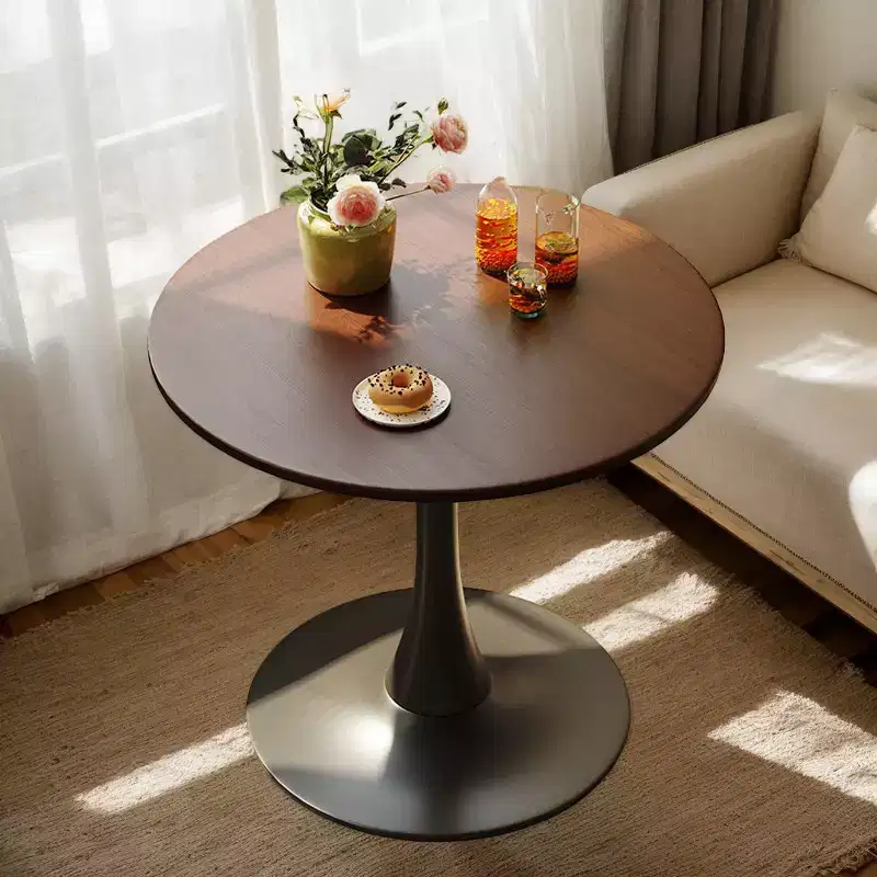 MAYEERTY Modern Walnut Round Coffee Table MDF Top and Steel Base Tulip Round Kitchen Table