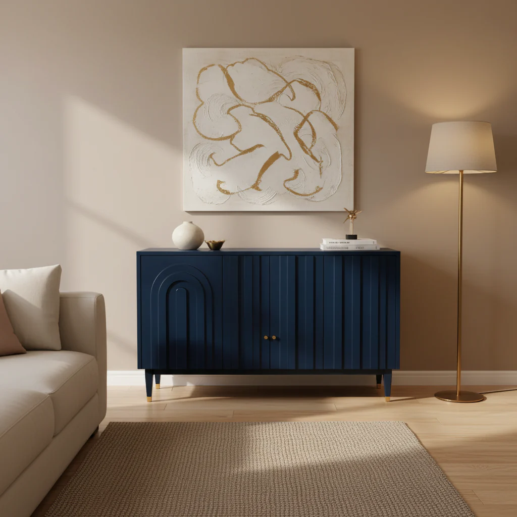 Sideboard Cabinet with 4 Door, Wood Storage Cabinet with Gold Knobs and Legs, Entryway Table with Adjustable Shelves