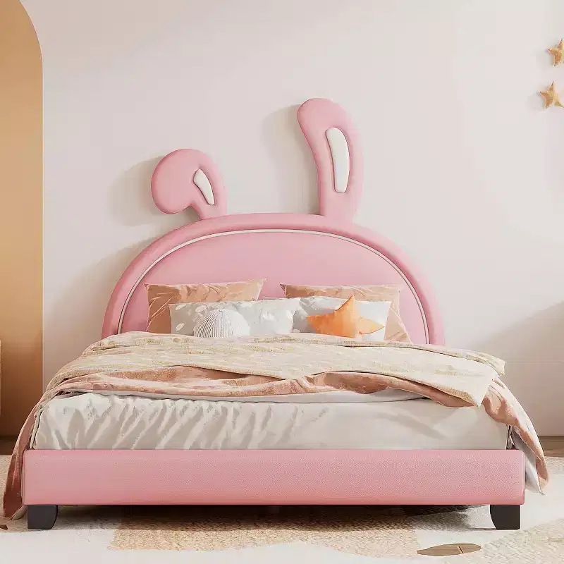 Full Size Upholstered Platform Bed Frame with Ears Headboard, Rabbit Accent for Kids, Slat Support, Pink