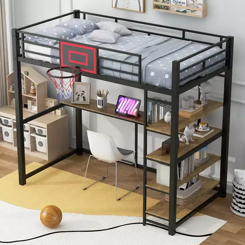 Okak Full/Twin Size Metal Loft Bed with Desk & Basketball Hoop,Space-Saving Loft Beds with Slide and Staircase,Sturdy Loft Bed for Kids,Teens