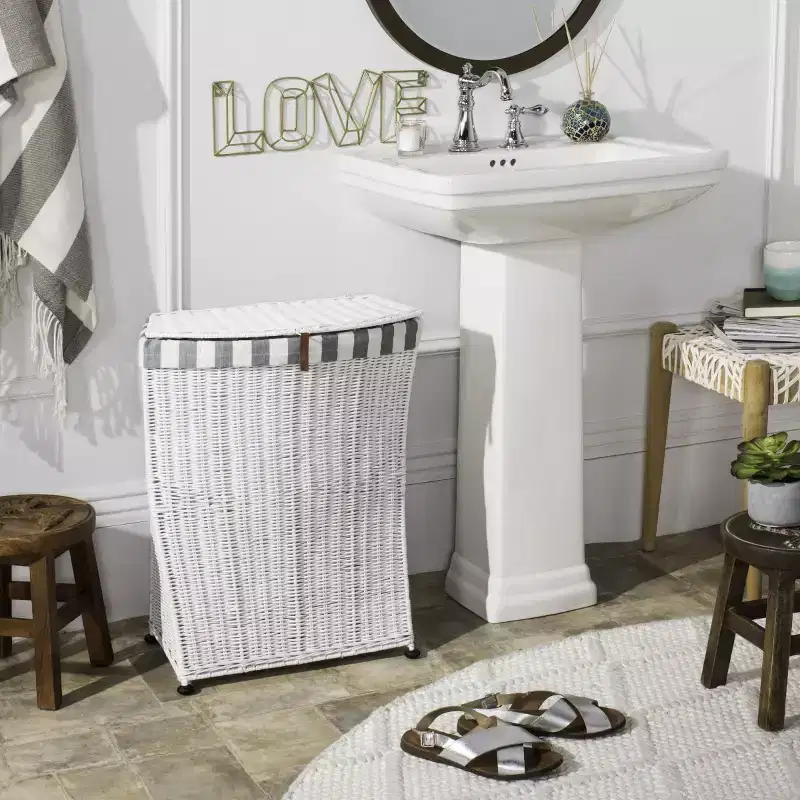 Rattan Laundry Basket with Lid – White, Mahogany Frame, 20 Gallon