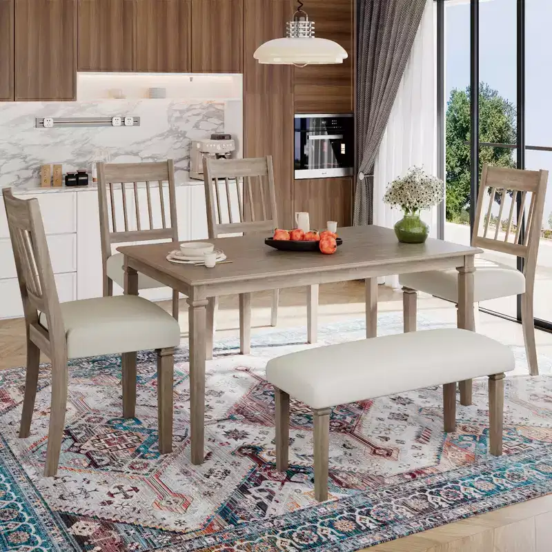 GDFStudio Griffin 6 Piece Retro Dining Set with Wooden Rectangular Table and 4 Chairs with Bench