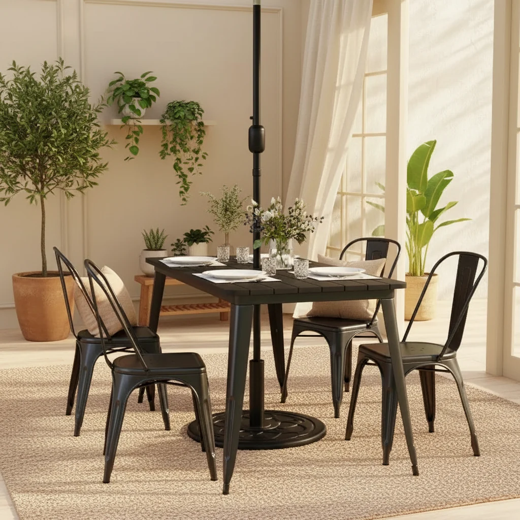 Indoor/Outdoor Dining Table with Umbrella Hole, 30 x 60 All Weather Poly Resin Top and Steel Base