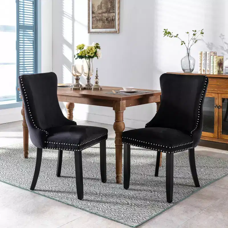 Okak Retro Dining Chairs Set of 2, Comfy Upholstered Wing-Back Chairs with Backstitching Nailhead Trim, Kitchen Chairs with Solid Wood Legs