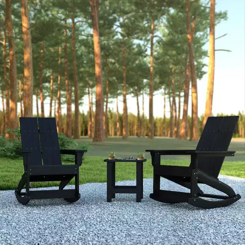 Emma and Oliver Set of 2 Harmon Modern All-Weather Poly Resin Adirondack Rocking Chairs with Side Table for Outdoor Use