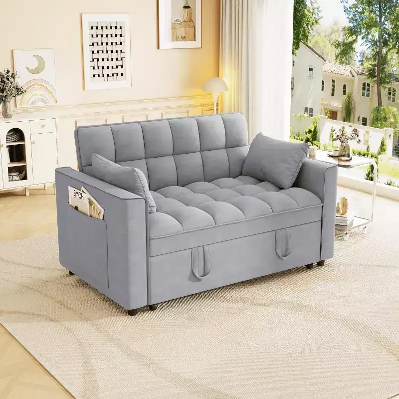 Modern Velvet Sleeper Sofa Couch with Pull Out Bed, Pillows and Side Pockets for Small Spaces, Light Gray