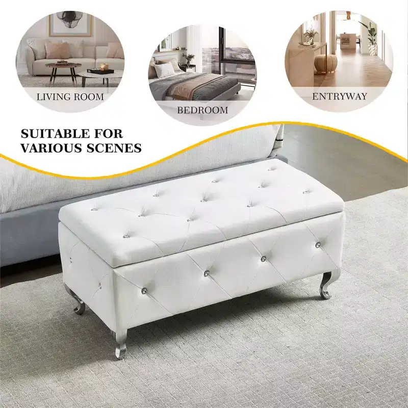 Storage Bench with Faux Leather Cushion, White Upholstered Bench with Crystal Buttons & Metal Legs for Living Room Bedroom