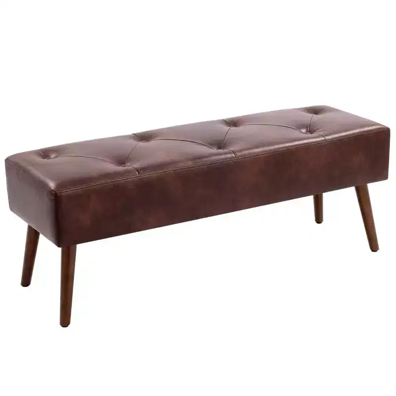 44 Inch Bedroom Ottoman Bench, Faux Leather Upholstered with Wooden Legs for Living Room/Bedroom/Entryway