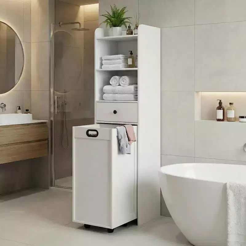 Bathroom Storage Cabinet, Free Standing Storage Cabinet with Pull Out Movable Laundry Hamper Basket, Tall Cabinet with Shelves and Drawer