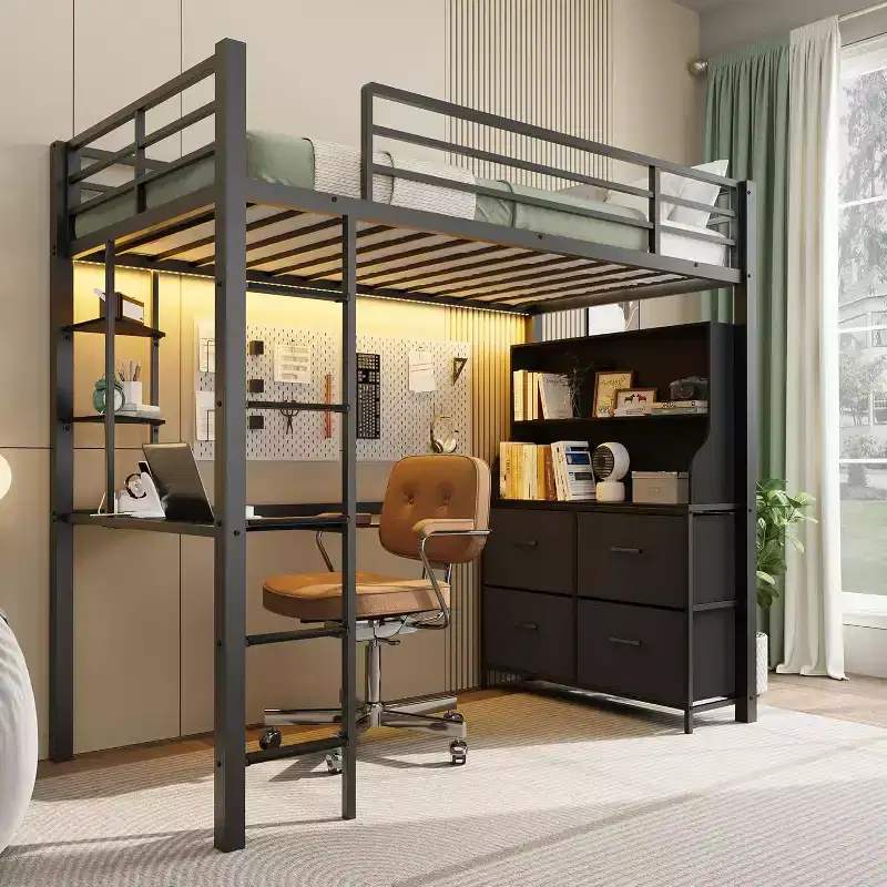 Double loft bed with desk, 4 large fabric drawers and open shelves, equipped with lights, sockets, safety rails and ladder, space-saving