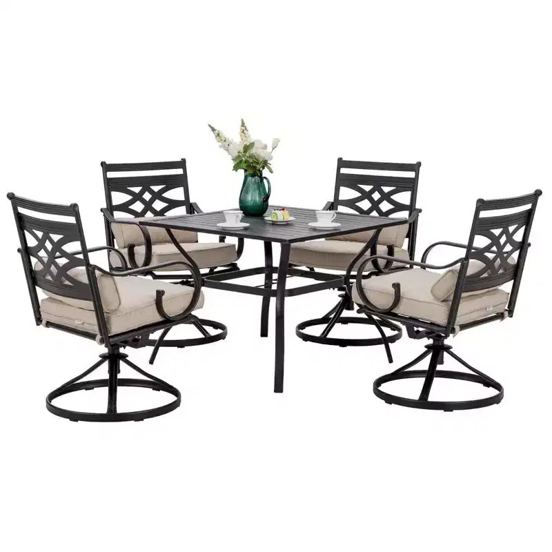 5pc Outdoor Dining Set with Swivel Chairs with Seat & Back Cushions & Square Metal Table with Umbrella Hole - Captiva Designs