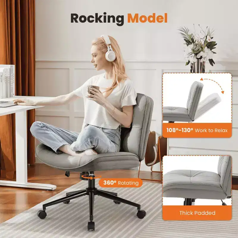 Chair Modern Home Criss Cross Legged Armless Wide Seat with Wheels Swivel Height Adjustable Comfy Computer Task Seating Room