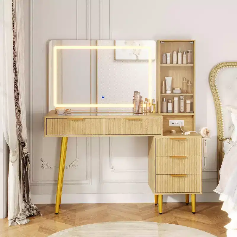 GustoWave 5 Drawers Vanity Desk, Makeup Dressing Table with Built-in USB Outlet Charging Station