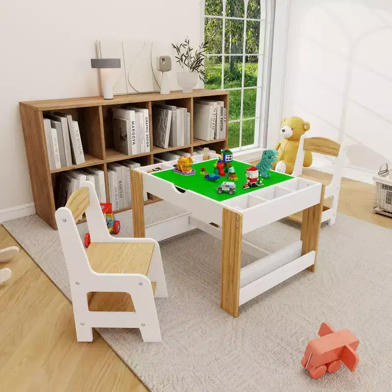 Whisen Kids 2 in 1 Play Table & 2 Chairs Set, with 7 Storage Compartments, Compatible with LEGO Building Block - White & Green