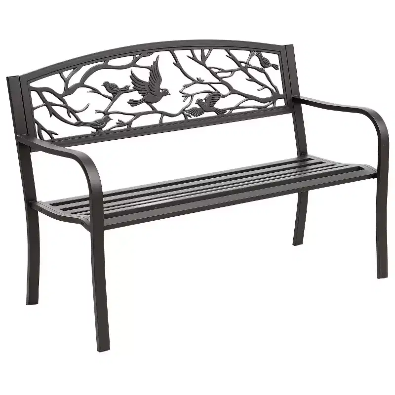 Outsunny 50 Vintage Animal Pattern Garden Cast Iron Patio Bench, Outdoor Furniture Loveseat Chair with Backrest and Armrest for Yard, Lawn, Brown