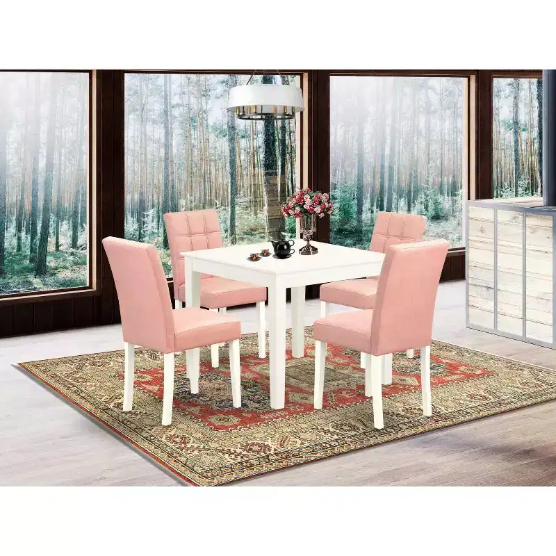 HomeStock 5-Piece Linen White Finish Solid Wood Top - Square Dining Room Set - Seats 4