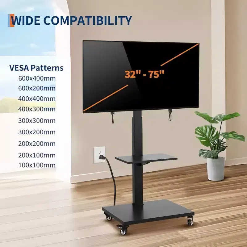 Mobile TV Cart  Height-Adjustable Rolling Stand with Locking Casters for 32-75 inch TVs, Swivel/Tilt Base & Open Shelf