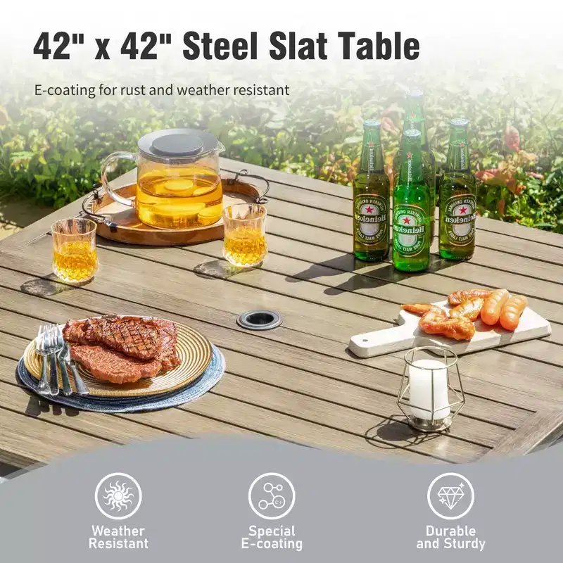Captiva Designs 5pc Patio Dining Steel Set with Wood-like Square Table & Metal Chairs with Cushion