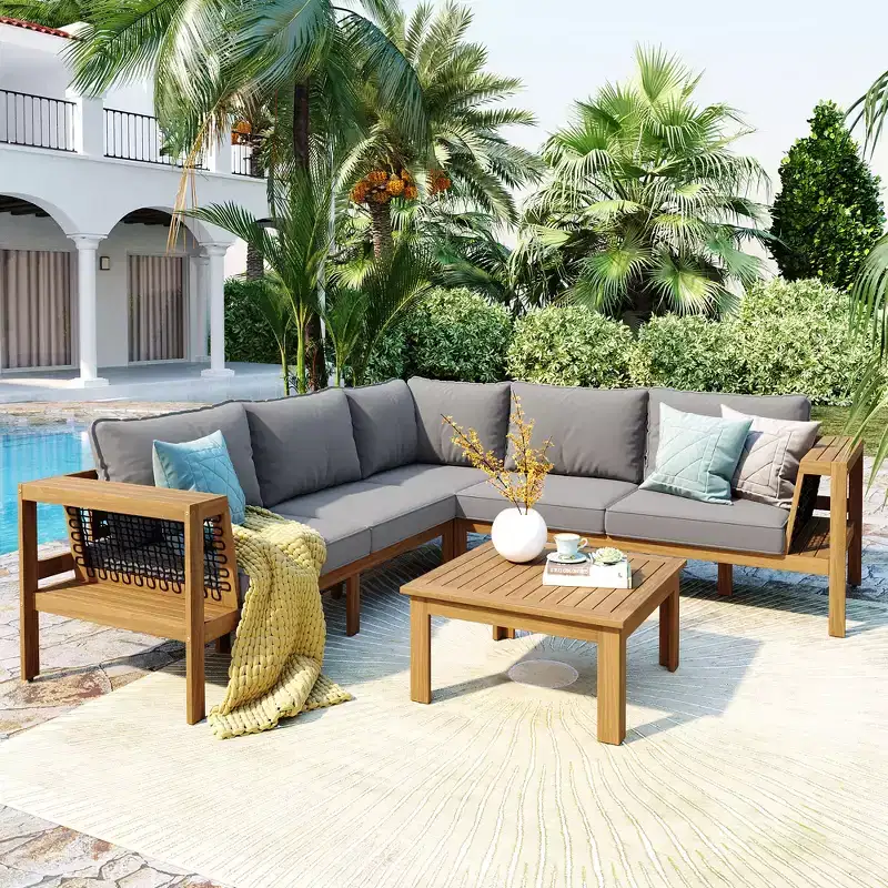 ModernLuxe 4pcs Outdoor L-Shaped Sofa Set, Acacia Wood Patio Conversation Set, Woven Rope Armrests with Coffee Table