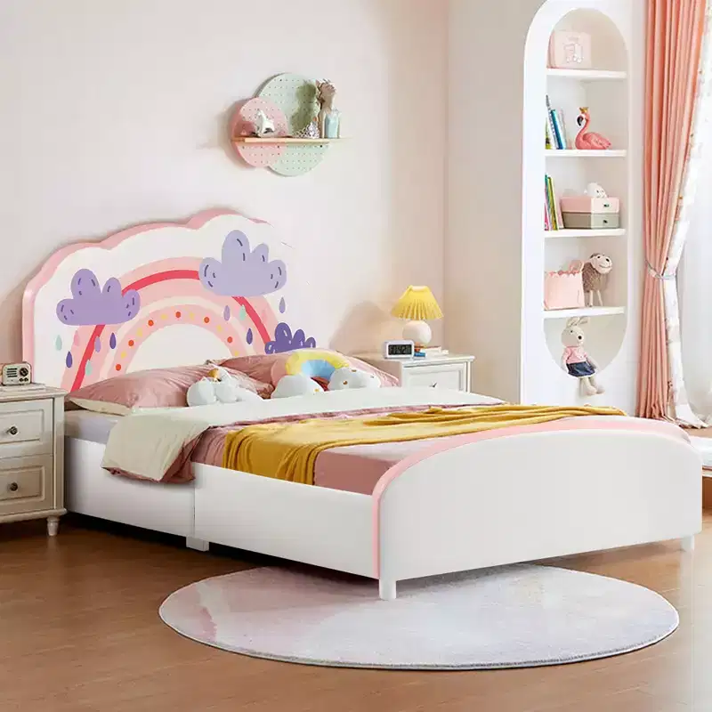Kids Upholstered Platform Bed, Children Twin Size Wooden Bed with Rainbow Pattern